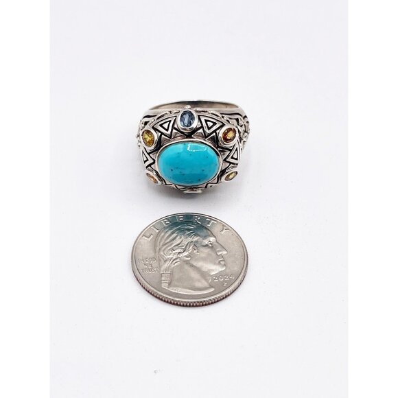 Sally C Treasures Sterling Silver Turquoise & Gems Tribal Sunburst Ring SZ 11 - Picture 5 of 10